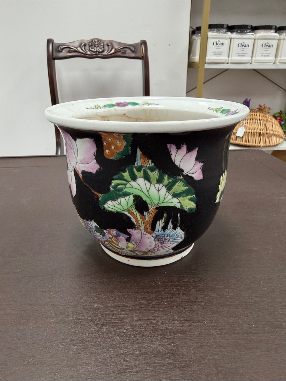 Black Floral Ceramic Planter Pot with Pink and Green Accents
